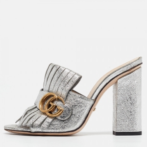 Pre Owned Gucci Silver Textured Leather GG Marmont Fringed Slide Sandals Size 36.5