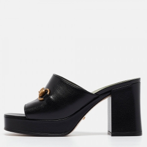 Gucci Black Leather Horsebit Platform Slide Sandals Size 37.5