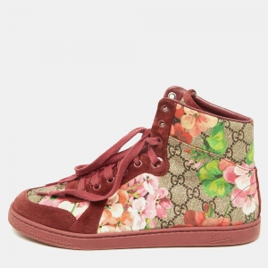 Gucci Beige/Pink GG Bloom Print Supreme Canvas and Suede High Top Sneakers Size 39.5 