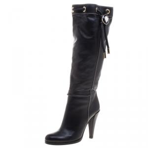 Pre Owned Gucci Black Leather Drawstring Knee Length Boots Size 38