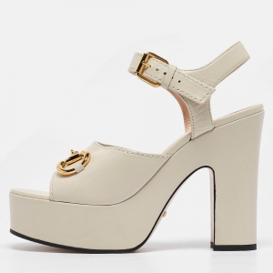 Gucci Cream Leather Horsebit Platform Block Heel Ankle Strap Sandals Size 40