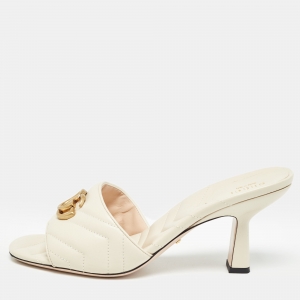Pre Owned Gucci Cream Matelasse Leather GG Marmont Slide Sandals Size 40.5