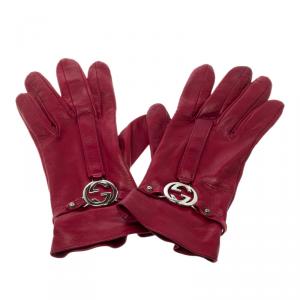 Pre Owned Gucci Red Leather Interlocking GG Gloves 6 1/2