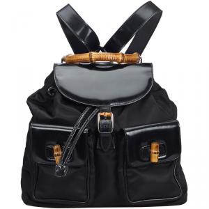 Pre Owned Gucci Black Bamboo Canvas Drawstring Backpack