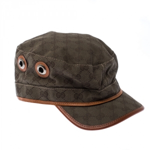 Pre Owned Gucci Khaki Green Monogram Print Canvas Eyelet Detail Guccisima Military Hat XL