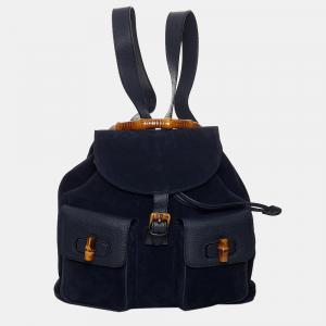 Pre Owned Gucci Blue Bamboo Suede Drawstring Backpack