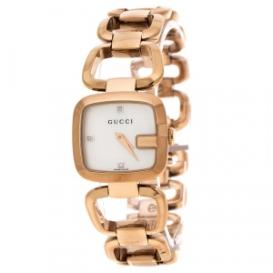 Gucci White Mother of Pearl Rose Gold Plated Steel G Series 125.5 Women's Wristwatch 24 mm
