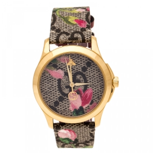 Gucci Pink Blooms Print Gold Plated Stainless Steel G-Timeless 126.4 Women's Wristwatch 36 mm