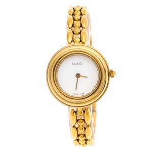 Gucci White Yellow Gold Plated Vintage Interchangeable Bezel 11/12.2 Women's Wristwatch 26 mm