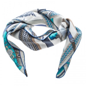 Pre Owned Hermes Beige and Blue Concours D'Etriers Printed Silk Square Scarf