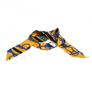 Pre Owned Hermes Yellow & Blue Panoplie Equestre Print Silk Twilly Scarf