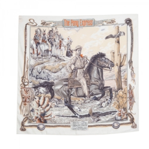 Pre Owned Hermes Blanc Vintage The Pony Express Print Silk Scarf