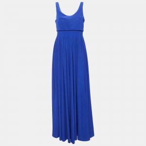 Hermès Blue Silk Sleeveless Pleated Maxi Dress M