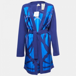 Hermes Blue Printed Silk & Wool Belted Cardigan M