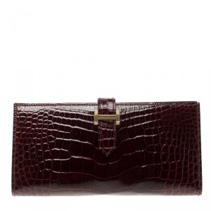 Pre Owned Hermes Burgundy Bordeaux Alligator Bearn Gusset Wallet