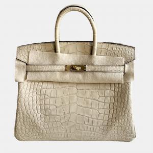Pre Owned Hermes Birkin 25 Trench Gray Matte Crocodile Gold Hardware