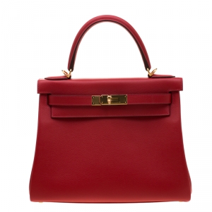 Pre Owned Hermes Rouge Casaque Evercolor Leather Gold Hardware Kelly Retourne 28 Bag