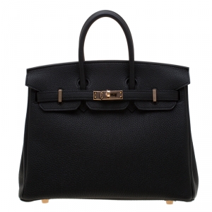 Hermes Black Togo Leather Rose Gold Hardware Birkin 25 Bag