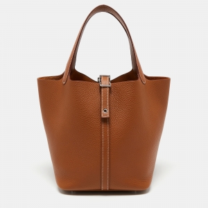 Pre Owned Hermes Gold Taurillon Clemence Leather Picotin Lock 22 Bag