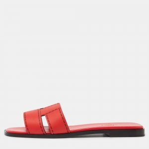 Hermes Red Leather Idimo Flat Slides Size 38.5