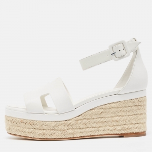 Pre Owned Hermes White Leather Elda Espadrille Sandals Size 38
