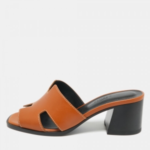 Pre Owned Hermès Brown Leather Helia Slide Sandals Size 36