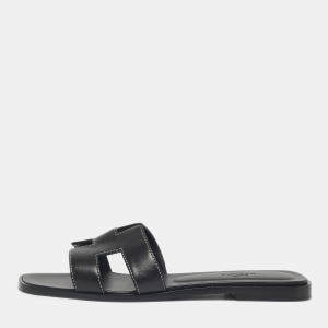 Pre Owned Hermès Black Leather Oran Flat Slide Size 38