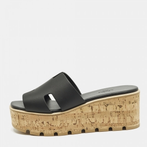 مملوكة مسبقًا صندل منصة فلين جلد أسود هيرميس إيز مقاس 39