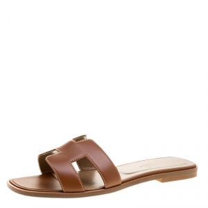 Hermes Brown Leather Oran Flat Sandals Size 39