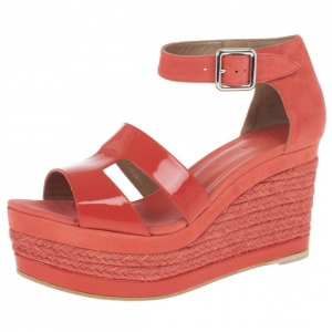 Hermes Peach Patent Leather and Suede Ilana Espadrille Wedge Sandals Size 38