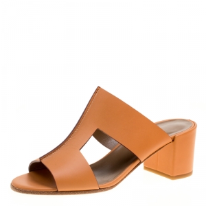 Hermes Natural Brown Leather Ostia Block Heel Sandals Size 38