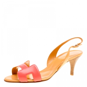 Hermes Pink And Beige Leather Night Slingback Sandals Size 38.5