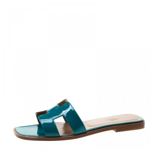 Hermes Teal Green Patent Leather Oran Flat Sandals Size 38