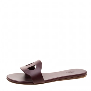 Hermes Burgunday Leather Lisboa Flat Slides Size 38