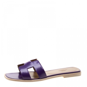 Hermes Purple Leather Oran Flat Slides Size 39