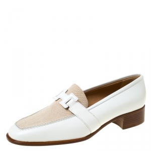 Hermes White/Beige Leather and Canvas H Constance Loafers Size 39.5