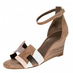 Hermes Multicolor Suede Legend Wedge Ankle Strap Sandals Size 37