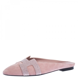 Hermes Pink Suede Roxane Flat Mules Size 38.5