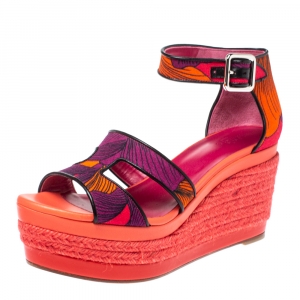 Hermes Multicolor Printed Canvas Ilana Espadrille Wedge Platform Ankle Cuff Sandals Size 39