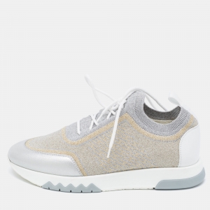 Hermes Metallic Silver/Gold Knit Fabric and Leather Addict Sneakers Size 38.5