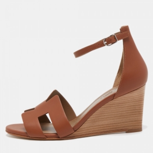 Hermes Brown Leather Legend Wedge Sandals Size 38.5