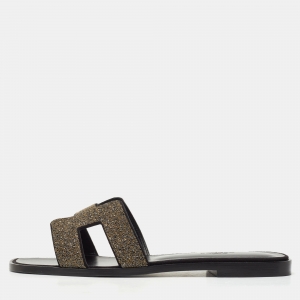 Hermes Gold/Black Suede And Glitter Oran Slide Flats Size 38 