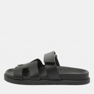 Hermes Black Leather Chypre Sandals 36