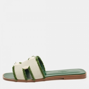 Hermès Beige/Green Canvas Fringes Oran Flat Slides Size 37.5