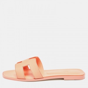 Pre Owned Hermes Coral Orange Leather Oran Flat Slides Size 41 