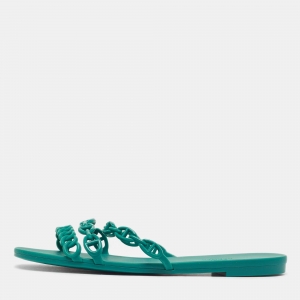 Hermes Green Rubber Chaine D'Ancre Rivage Flat Slides Size 40
