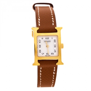 Hermes White Yellow Gold Plated Stainless Steel Heure H WHH1.101 Women's Wristwatch 17.2 mm