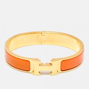 Pre Owned Hermes Clic H Orange Enamel Gold Plated Narrow Bracelet
