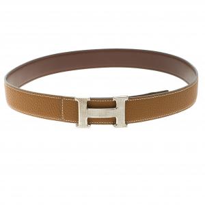 Pre Owned Hermes Brown/Dark Brown Leather H Buckle Reversible Belt 80CM