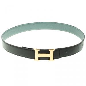 Pre Owned Hermes Black/Blue Leather H Buckle Reversible Belt 80CM